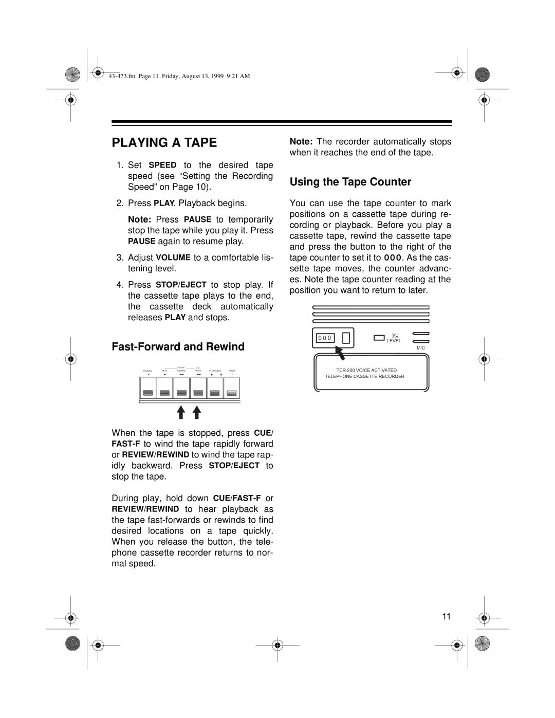 Roberts Radio TCR-200 owner manual Playing a Tape, Fast-Forward and Rewind, Using the Tape Counter 