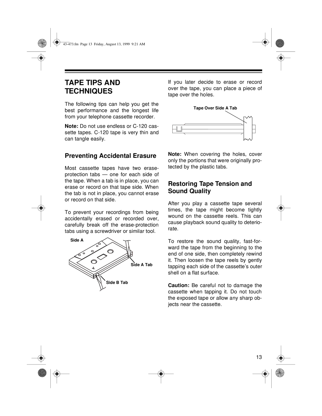 Roberts Radio TCR-200 Tape Tips Techniques, Preventing Accidental Erasure, Restoring Tape Tension and Sound Quality 