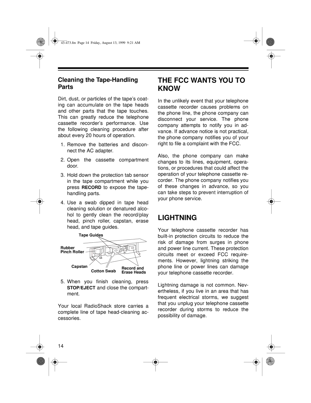 Roberts Radio TCR-200 owner manual FCC Wants YOU to Know, Lightning, Cleaning the Tape-Handling Parts 