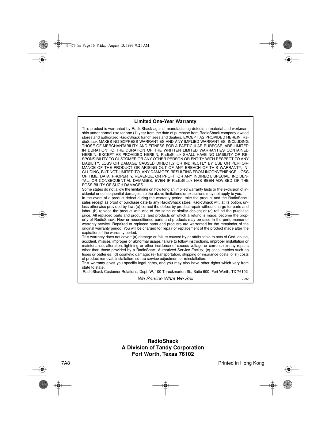 Roberts Radio TCR-200 owner manual RadioShack Division of Tandy Corporation Fort Worth, Texas 