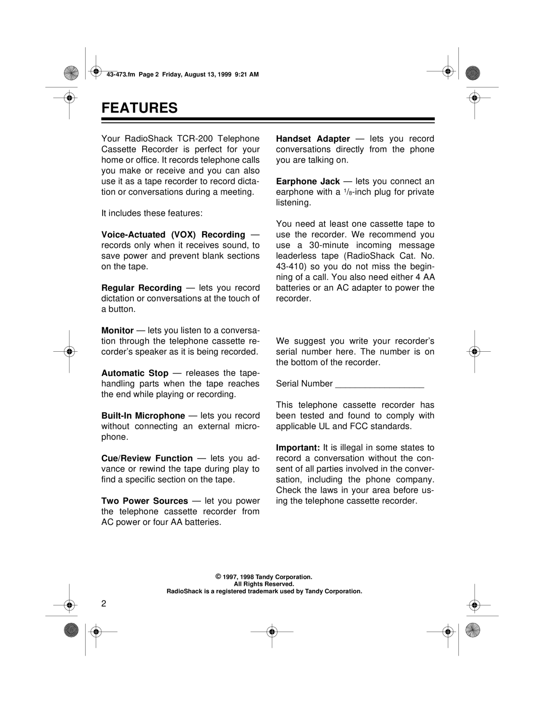 Roberts Radio TCR-200 owner manual Features 