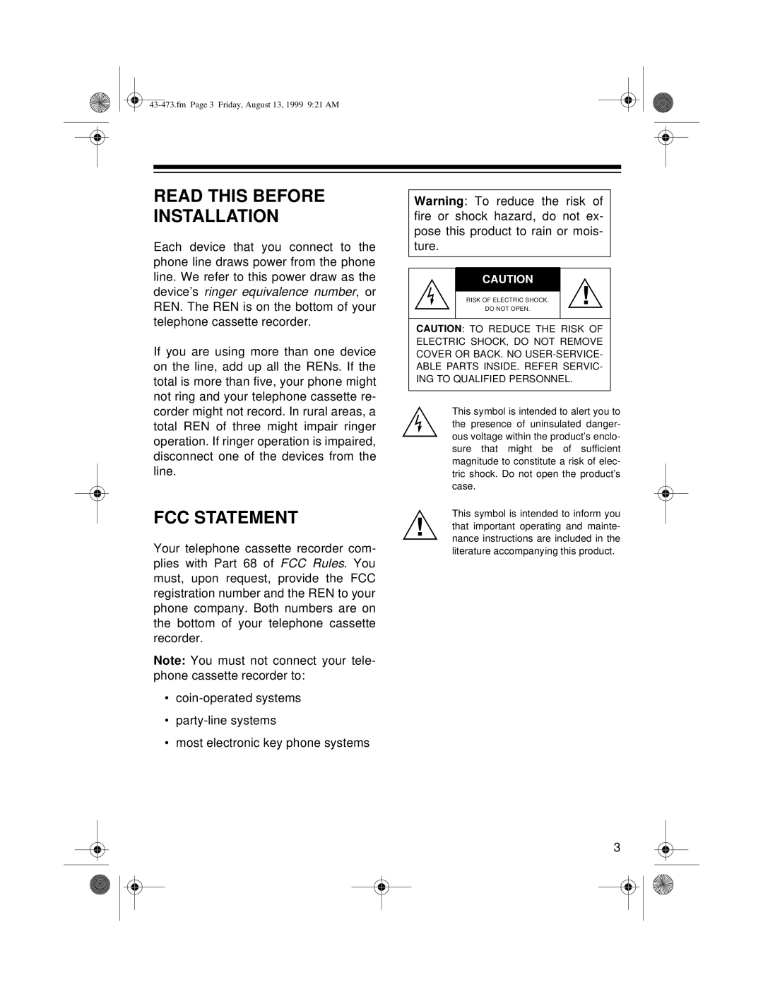 Roberts Radio TCR-200 owner manual Read this Before Installation, FCC Statement 