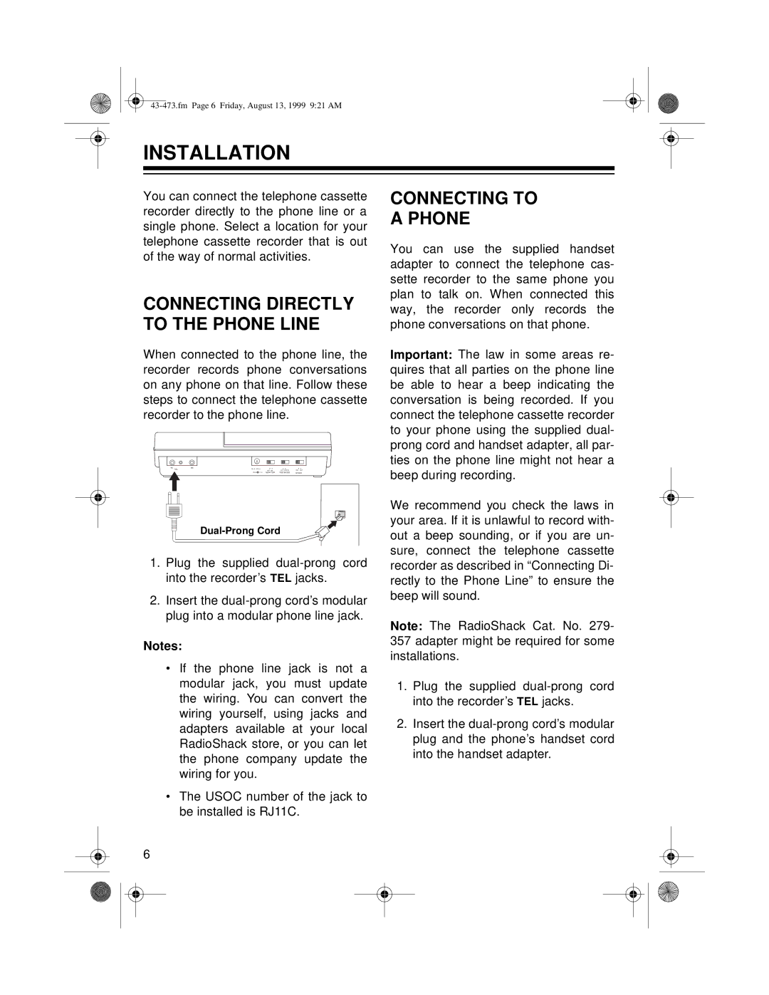 Roberts Radio TCR-200 owner manual Installation, Connecting to Phone 