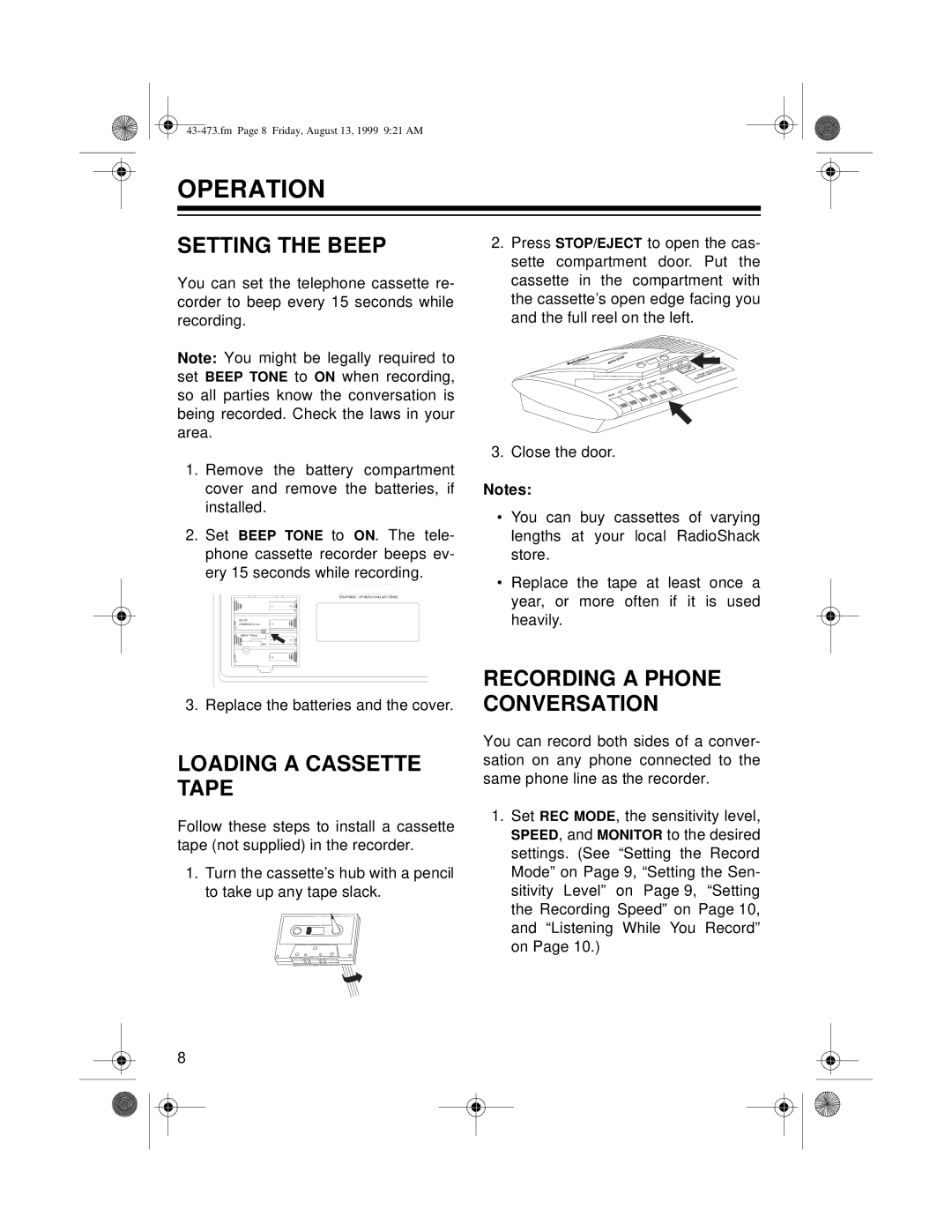 Roberts Radio TCR-200 owner manual Operation, Setting the Beep, Loading a Cassette Tape, Recording a Phone Conversation 