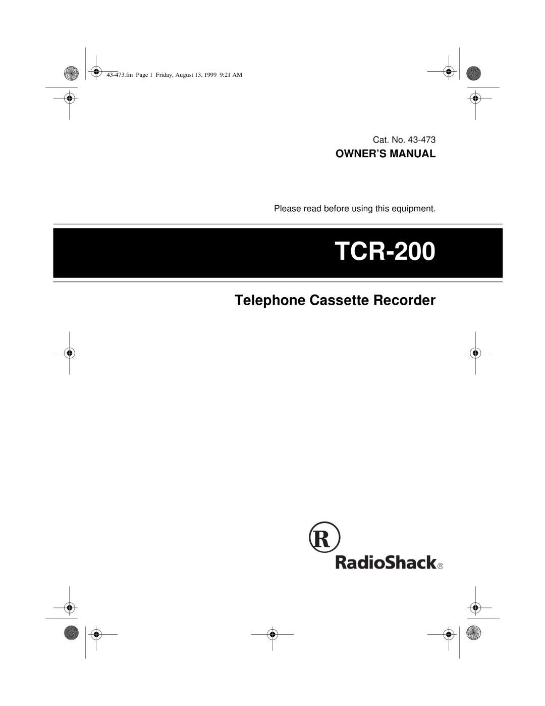 Roberts Radio TCR-200 owner manual Telephone Cassette Recorder, fmPage 1 Friday, August 13, 1999 9 21 AM 
