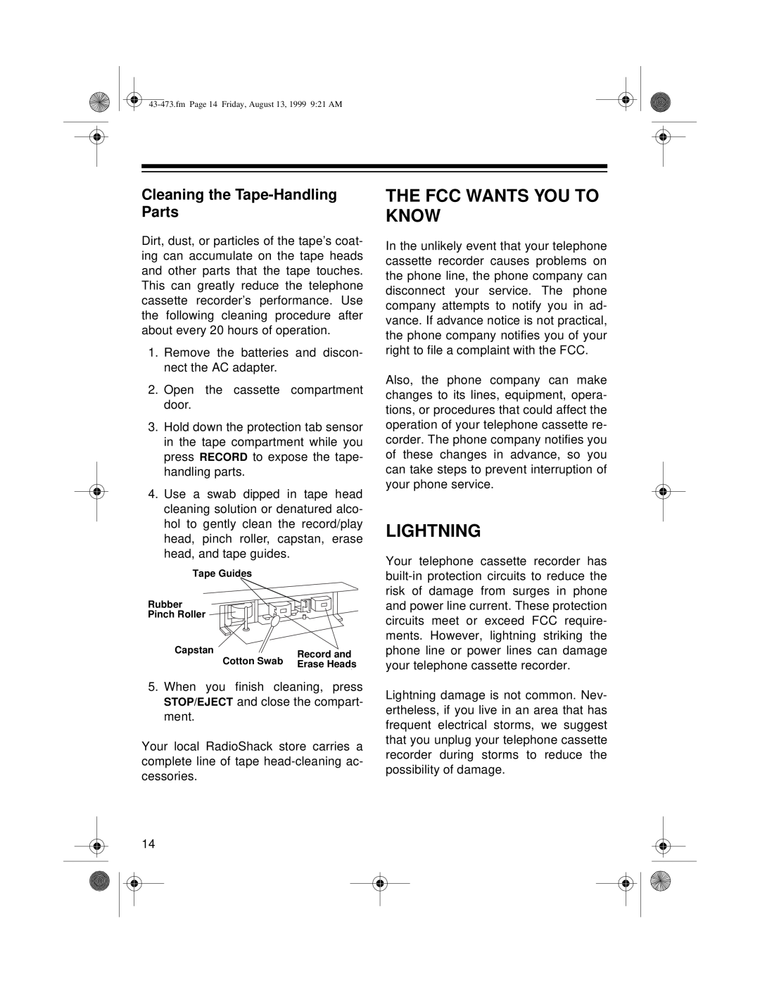 Roberts Radio TCR-200 owner manual The Fcc Wants You To Know, Lightning, Cleaning the Tape-HandlingParts 
