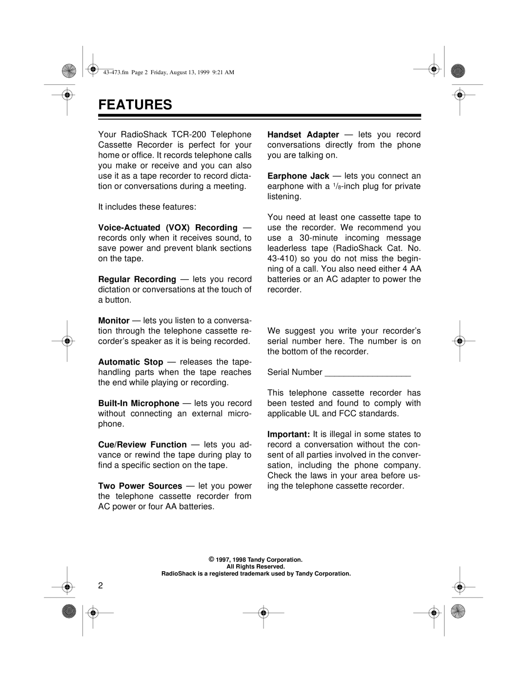 Roberts Radio TCR-200 owner manual Features 