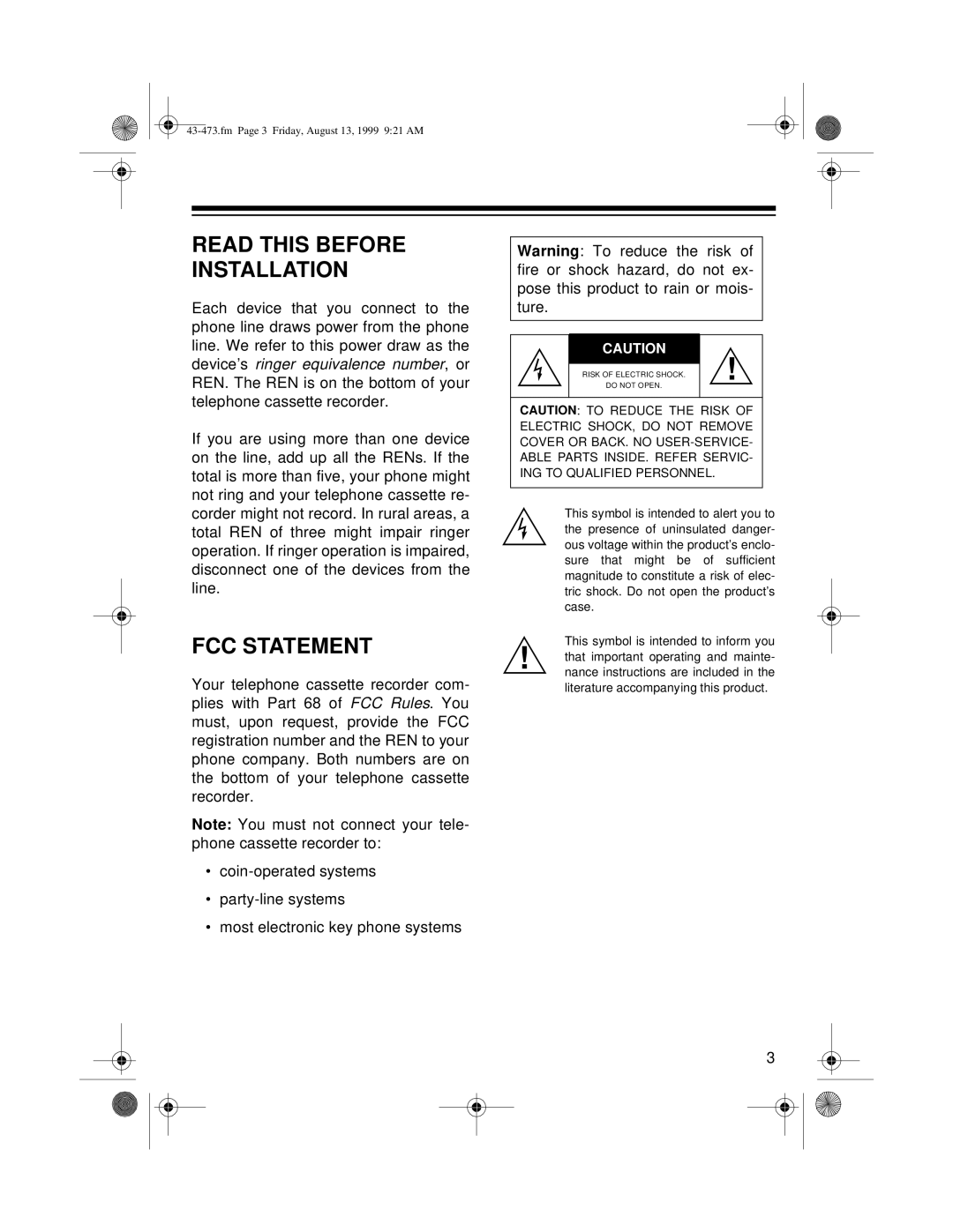 Roberts Radio TCR-200 owner manual Read This Before Installation, Fcc Statement 
