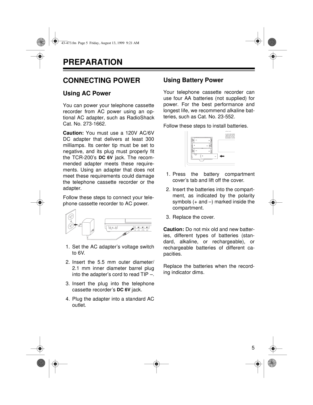 Roberts Radio TCR-200 owner manual Preparation, Connecting Power, Using AC Power, Using Battery Power 
