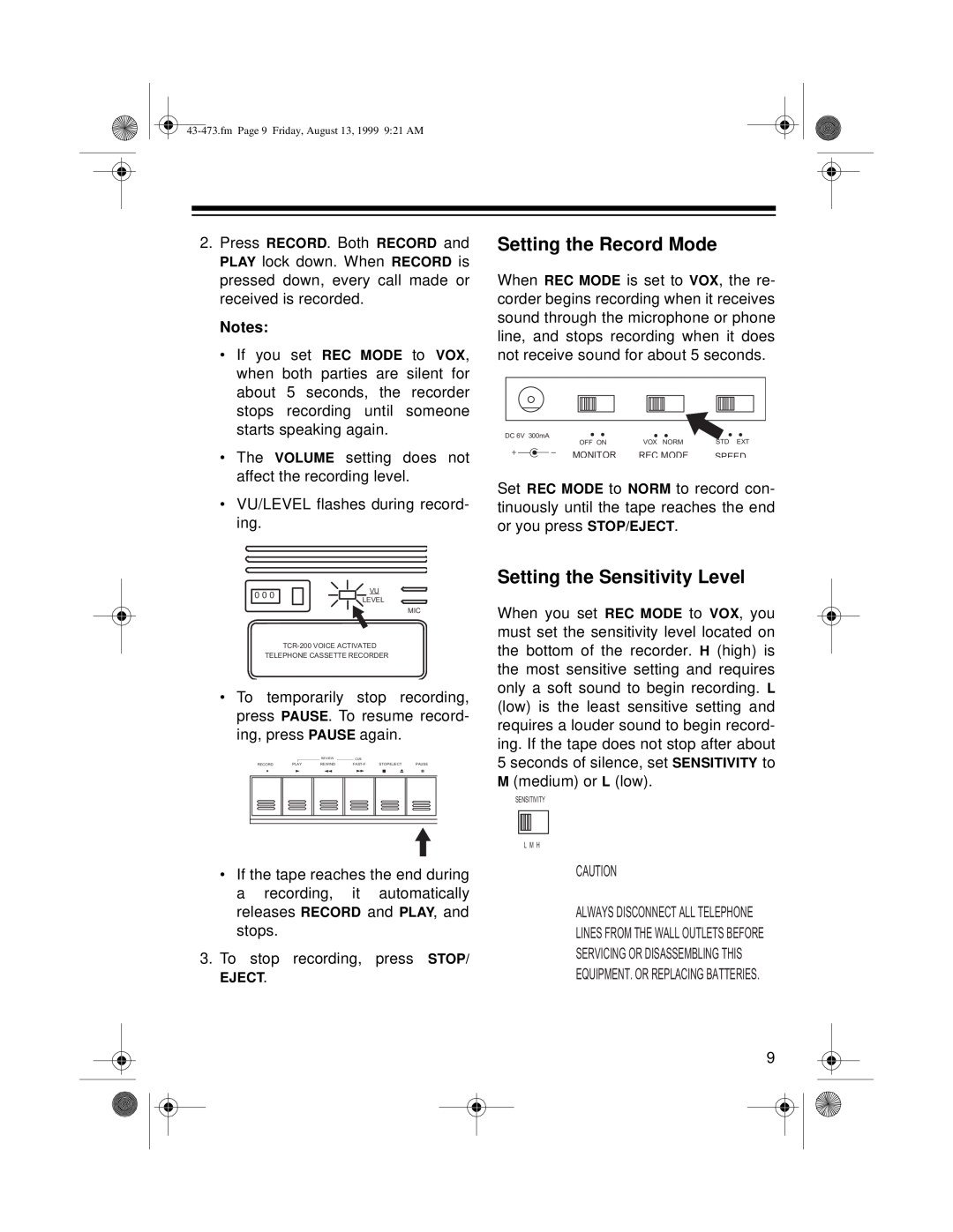 Roberts Radio TCR-200 owner manual Setting the Record Mode, Setting the Sensitivity Level 