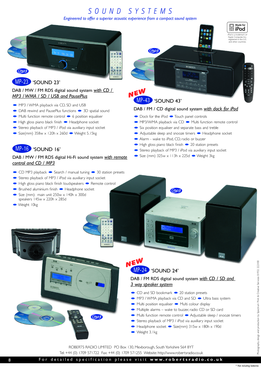 Roberts Radio The Digital Radio Collection manual U N D S Y S T E M S, MP-23‘SOUND 23’, MP-16‘SOUND 16’, MP-43‘SOUND 43’ 