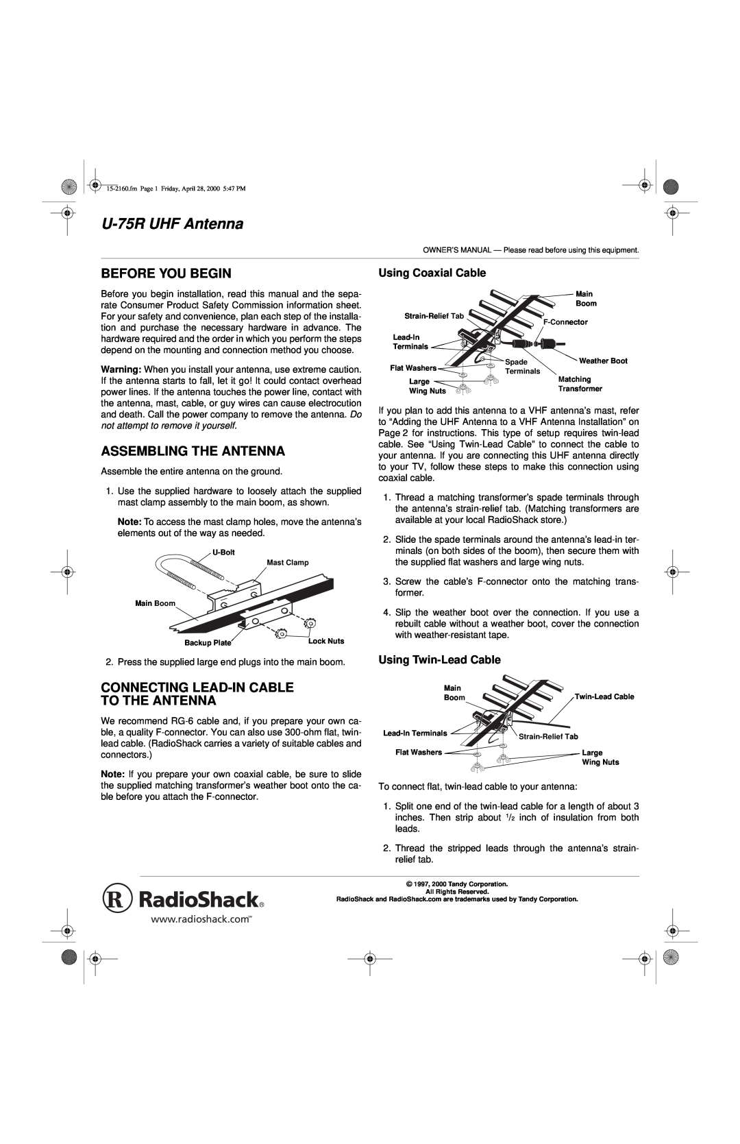 Roberts Radio U-75R owner manual Before You Begin, Assembling The Antenna, Connecting Lead-In Cable To The Antenna 