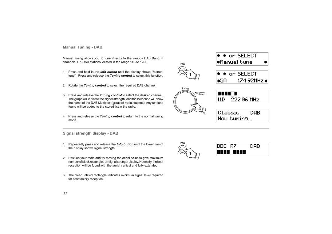 Roberts Radio unologic manual Manual Tuning DAB, Signal strength display DAB 