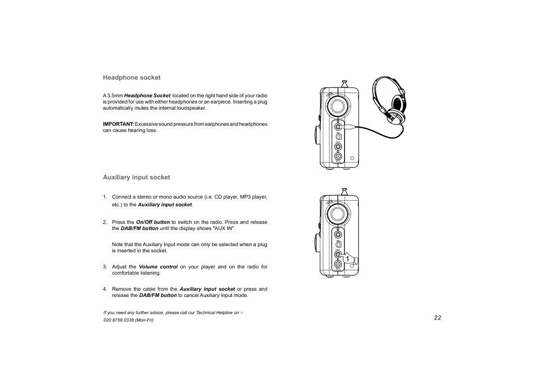 Roberts Radio unologic manual Headphone socket, Auxiliary input socket 