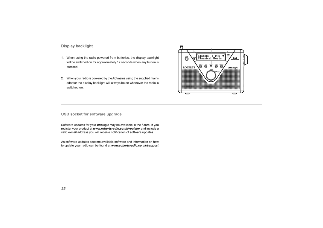 Roberts Radio unologic manual Display backlight, USB socket for software upgrade 