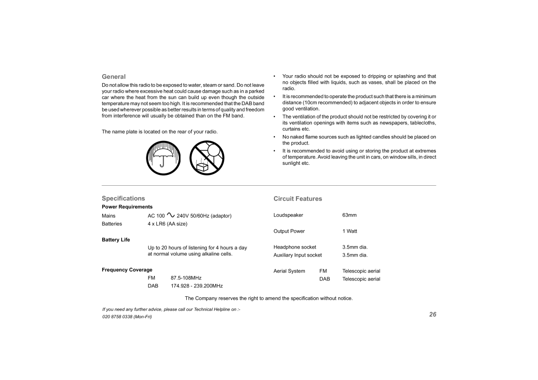 Roberts Radio unologic manual General, Speciﬁcations, Circuit Features 