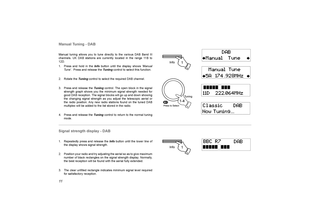 Roberts Radio Vintage manual Manual Tuning - DAB, Signal strength display - DAB 