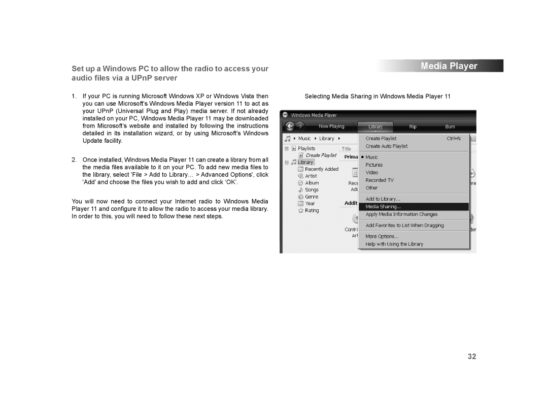 Roberts Radio WM-202 manual Selecting Media Sharing in Windows Media Player 