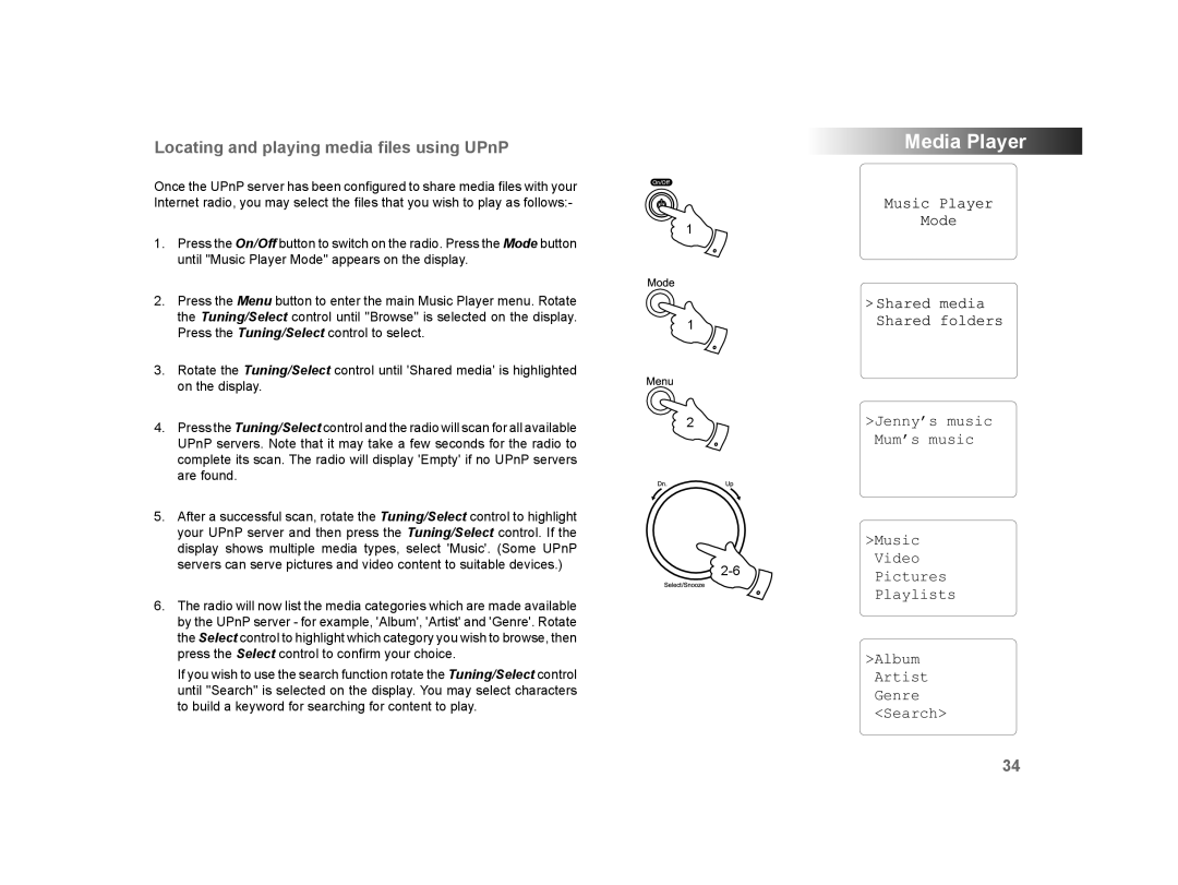 Roberts Radio WM-202 manual Locating and playing media ﬁles using UPnP 