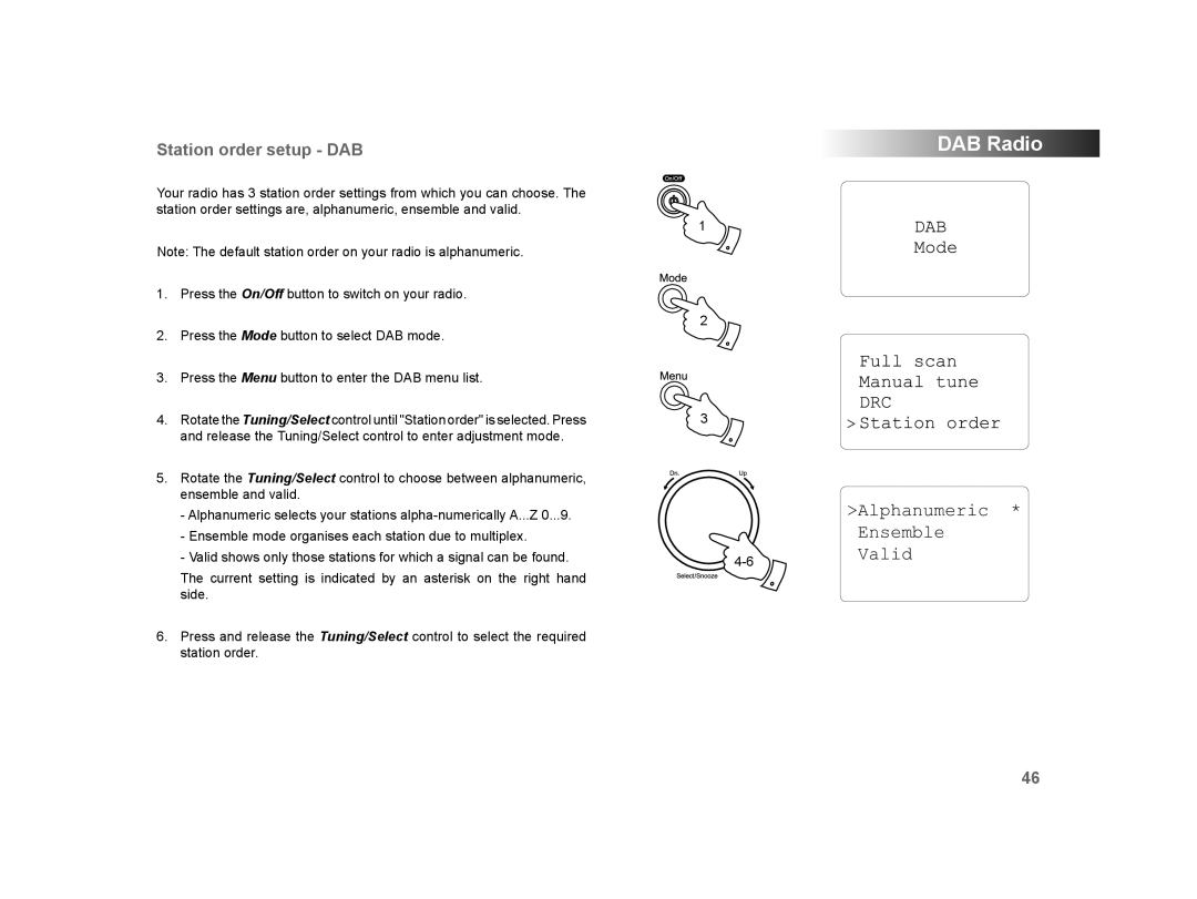 Roberts Radio WM-202 manual Alphanumeric * Ensemble 6Valid, Station order setup DAB 