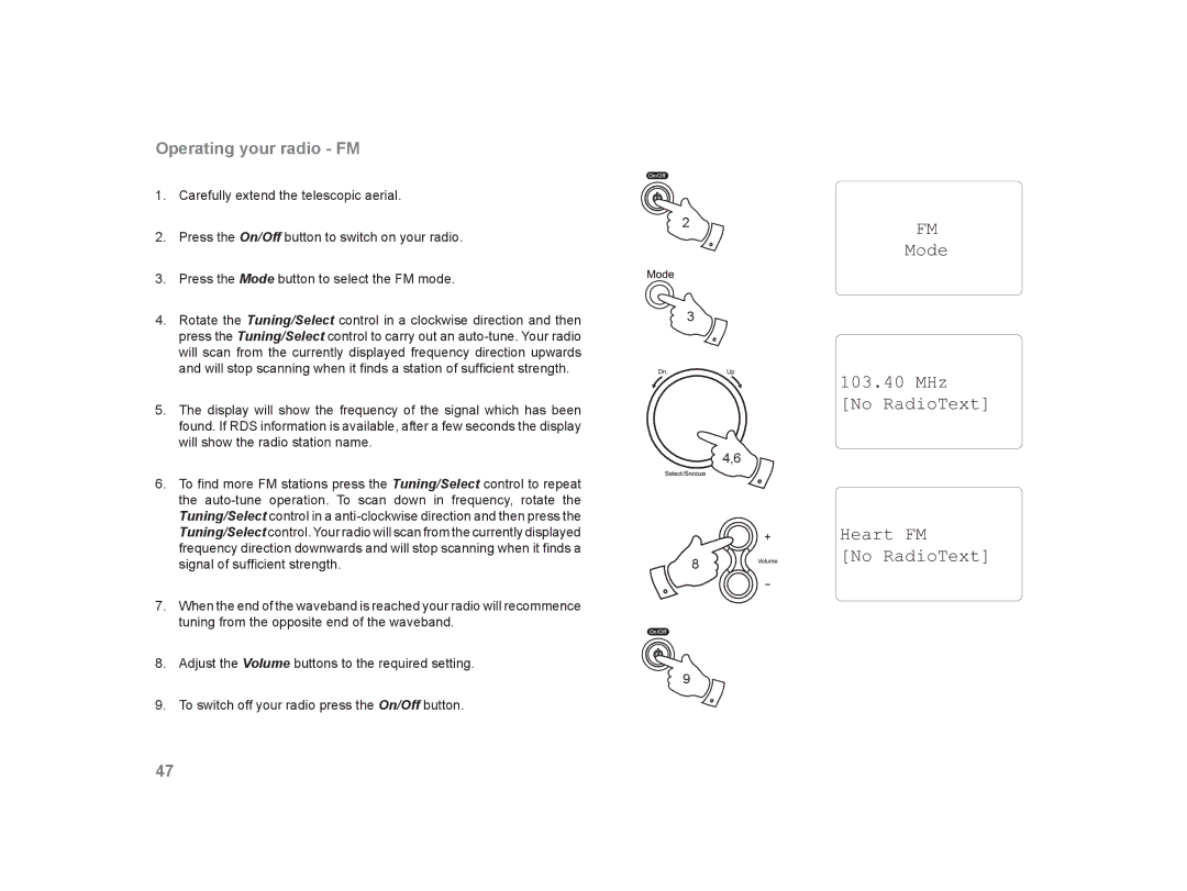 Roberts Radio WM-202 manual Mode 103.40 MHz No RadioText Heart FM, Operating your radio FM 