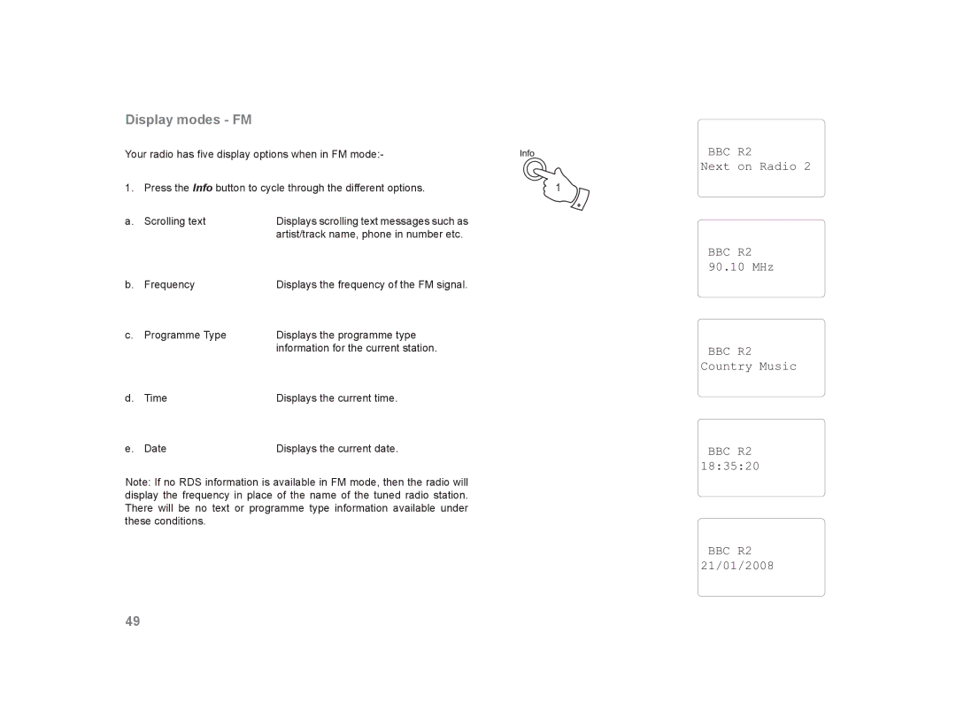 Roberts Radio WM-202 manual Display modes FM, BBC R2 