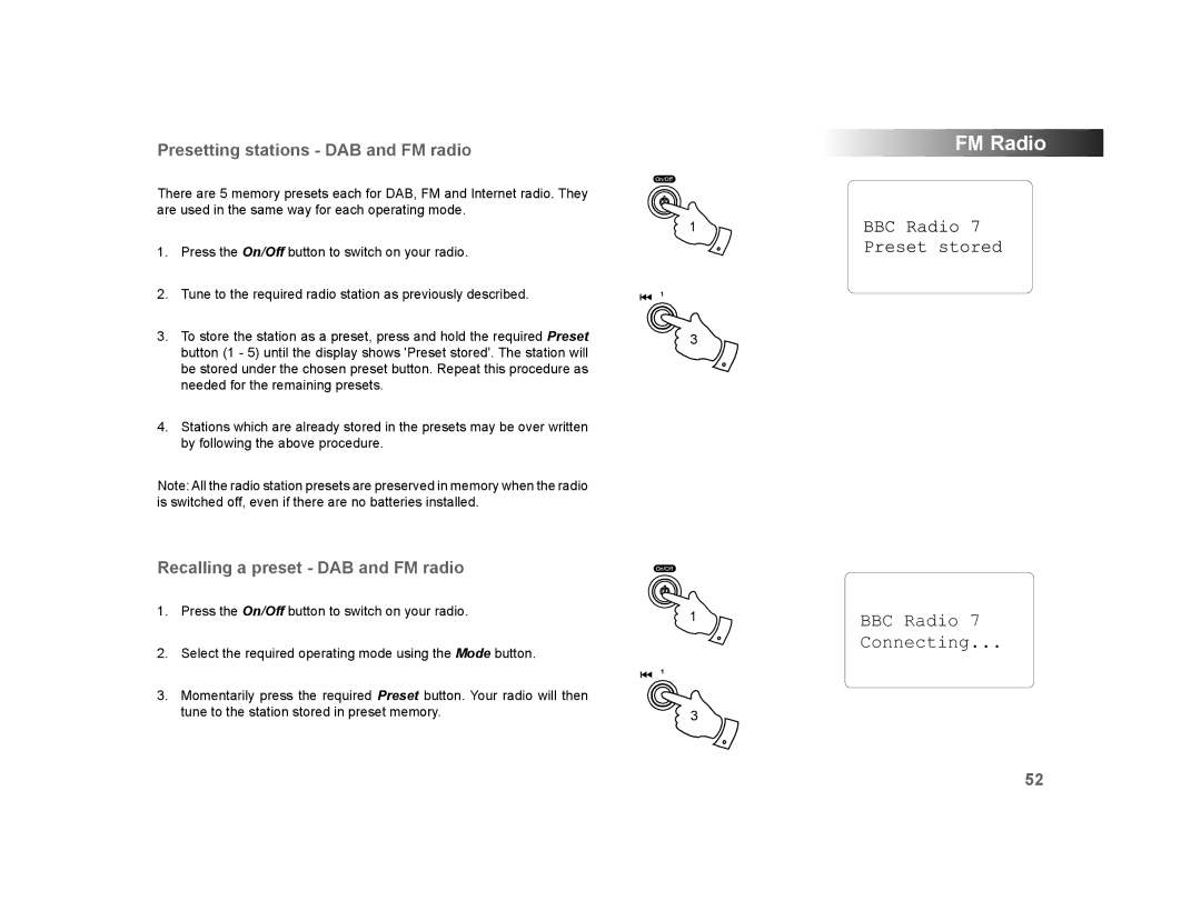 Roberts Radio WM-202 manual Presetting stations DAB and FM radio, Recalling a preset DAB and FM radio 