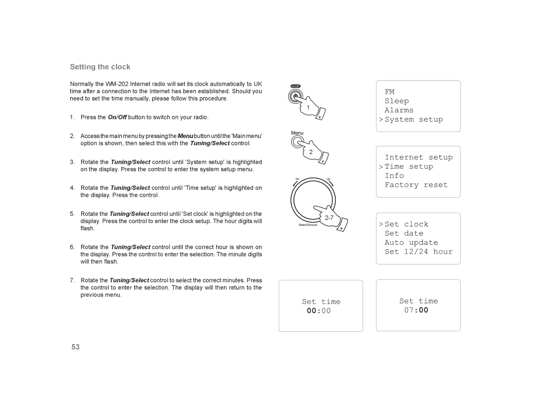 Roberts Radio WM-202 manual Setting the clock 