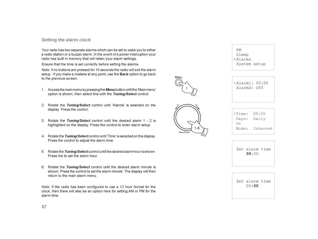 Roberts Radio WM-202 manual Setting the alarm clock, Time 0000 Days Daily Internet Mode 