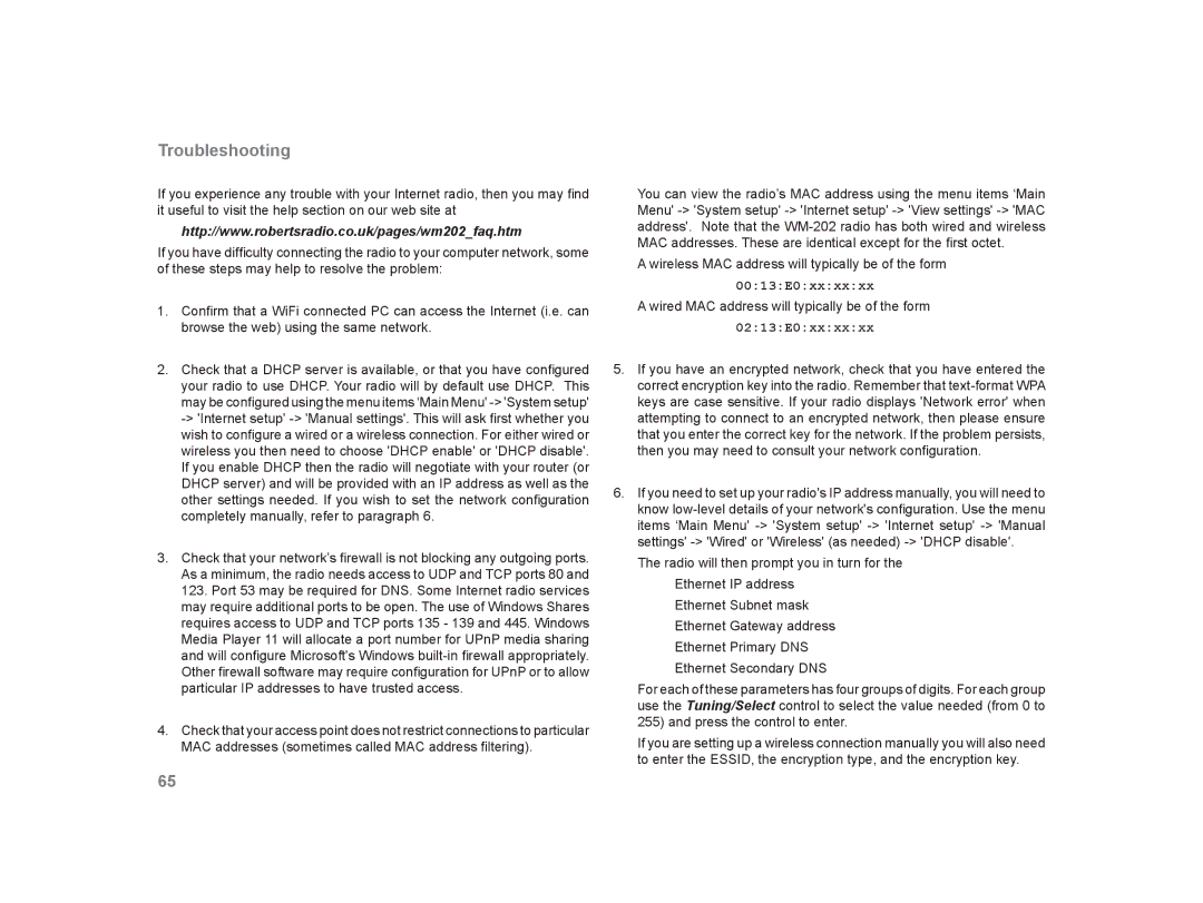 Roberts Radio WM-202 manual Troubleshooting, 0213E0xxxxxx 