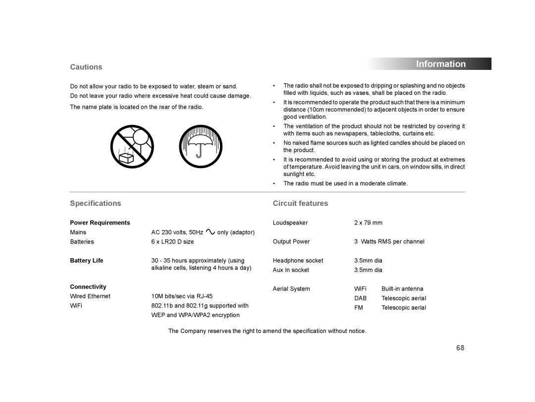 Roberts Radio WM-202 manual Speciﬁcations Circuit features, Power Requirements 