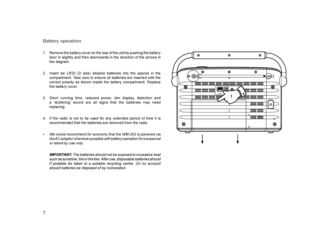 Roberts Radio WM-202 manual Battery operation 