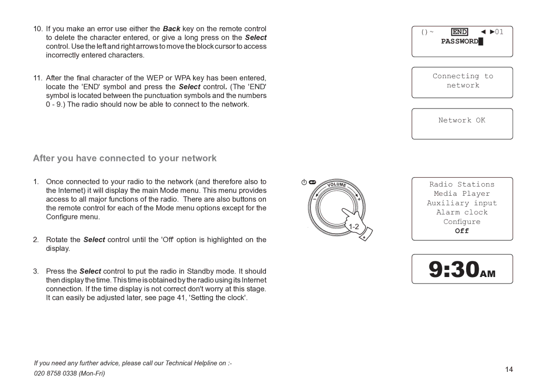 Roberts Radio WM201 manual After you have connected to your network, Connecting to Network Network OK, Conﬁgure menu, Off 