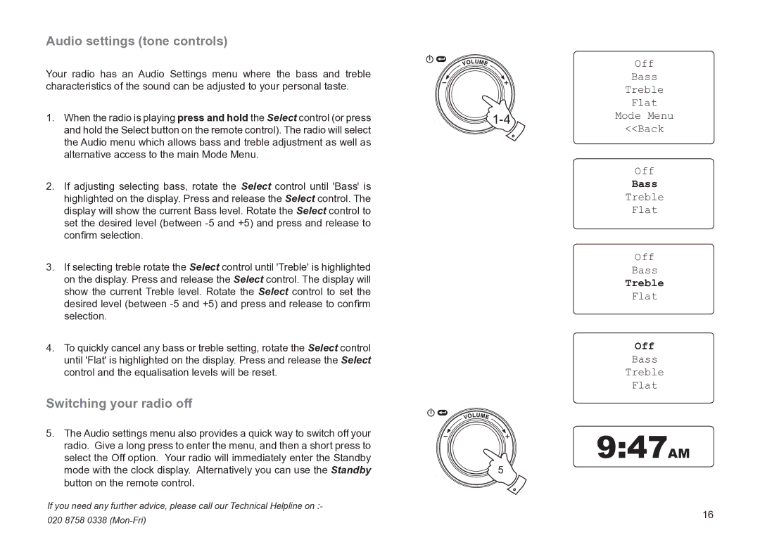 Roberts Radio WM201 manual Audio settings tone controls, Switching your radio off, Bass, Treble 