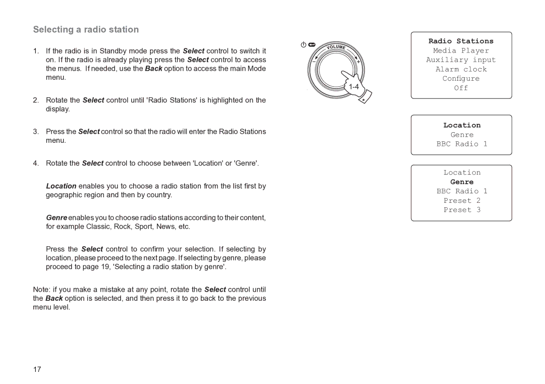 Roberts Radio WM201 manual Selecting a radio station, Menu, Genre BBC Radio Location, BBC Radio Preset 