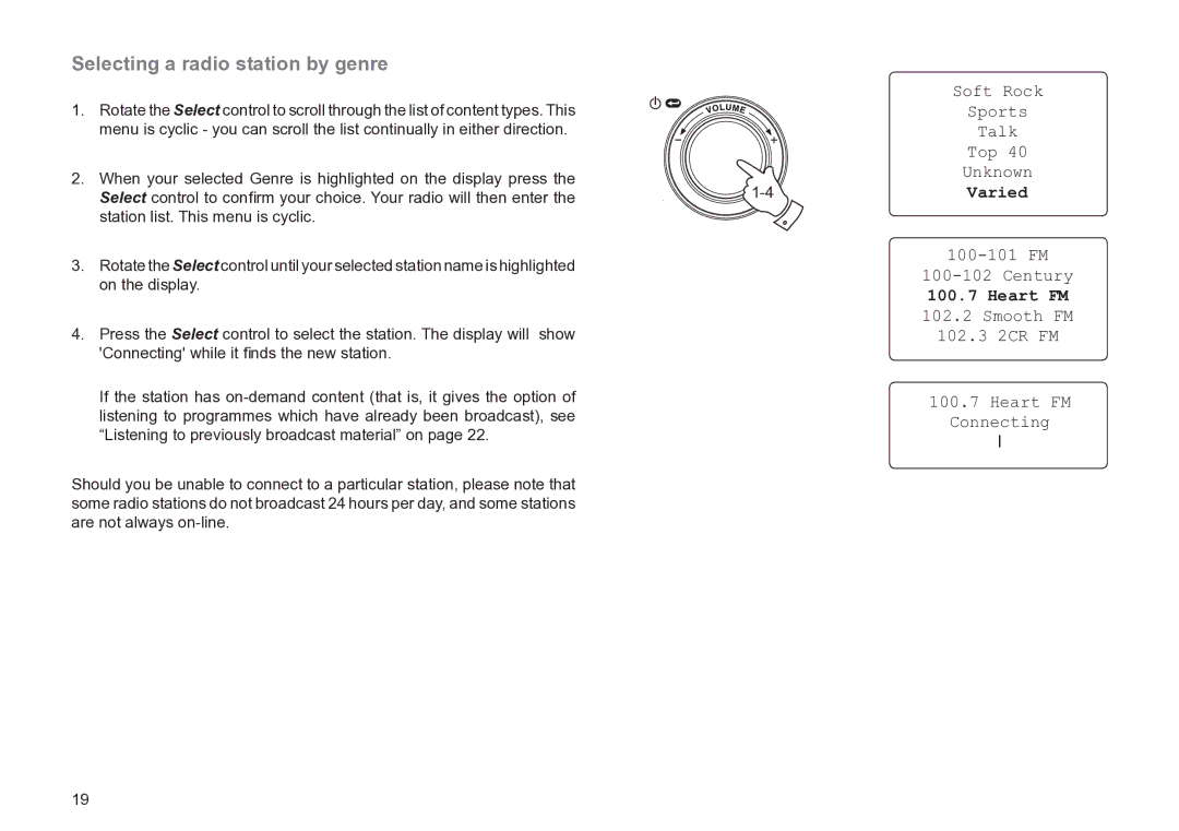 Roberts Radio WM201 manual Selecting a radio station by genre, FM Century, Smooth FM 102.3 2CR FM Heart FM Connecting 