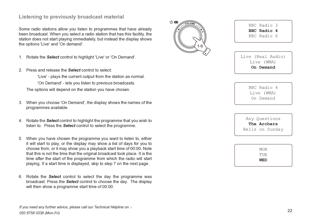 Roberts Radio WM201 manual Listening to previously broadcast material, Any Questions, Archers, Bells on Sunday 