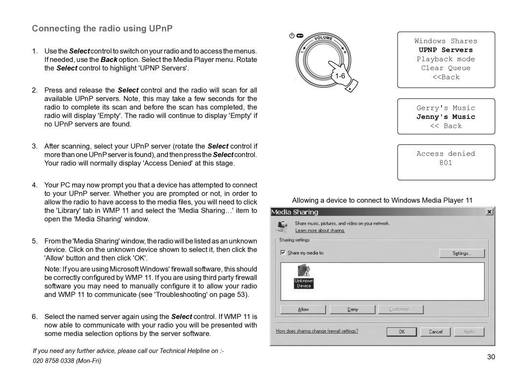 Roberts Radio WM201 manual Connecting the radio using UPnP, Gerrys Music, Jennys Music, Back Access denied 801 