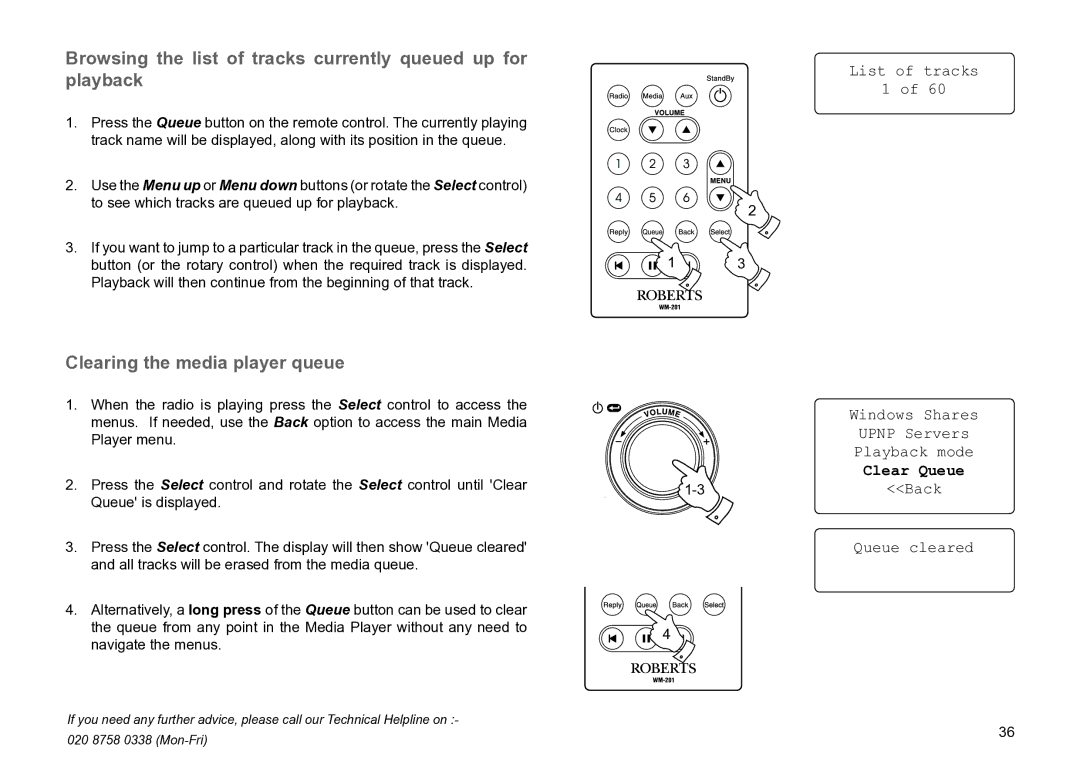 Roberts Radio WM201 Clearing the media player queue, List of tracks Windows Shares Upnp Servers Playback mode, Clear Queue 