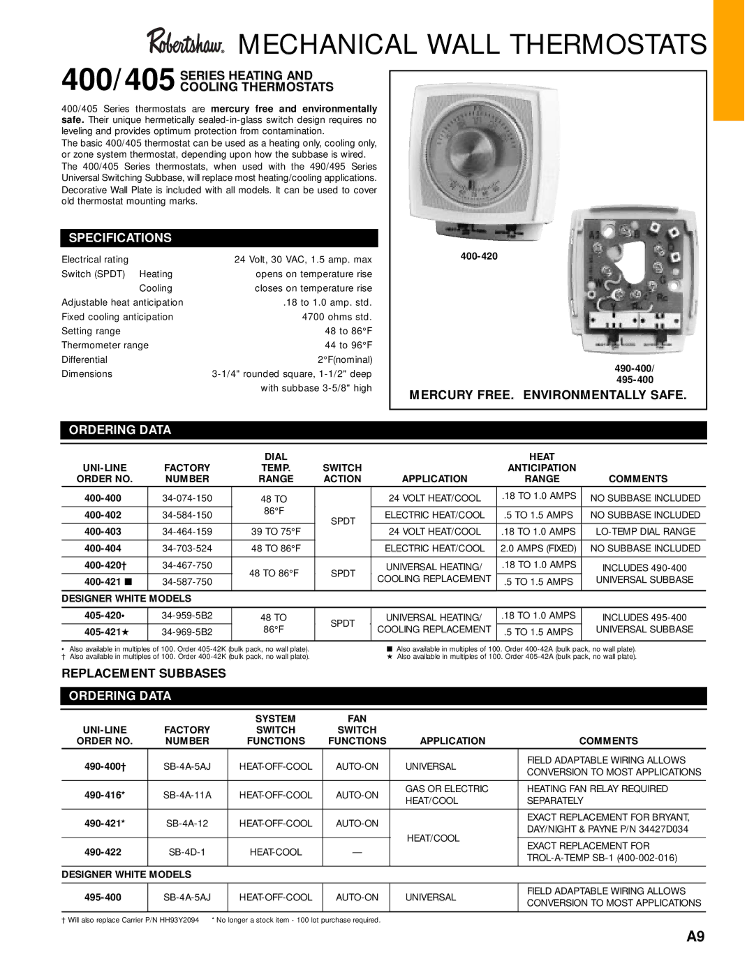 Robertshaw 400-420 specifications Specifications, Ordering Data 