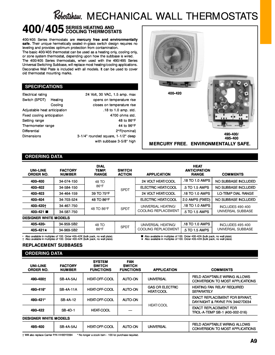 Robertshaw 400-420 specifications Mechanical Wall Thermostats, 400/405 SERIES HEATING AND COOLING THERMOSTATS 