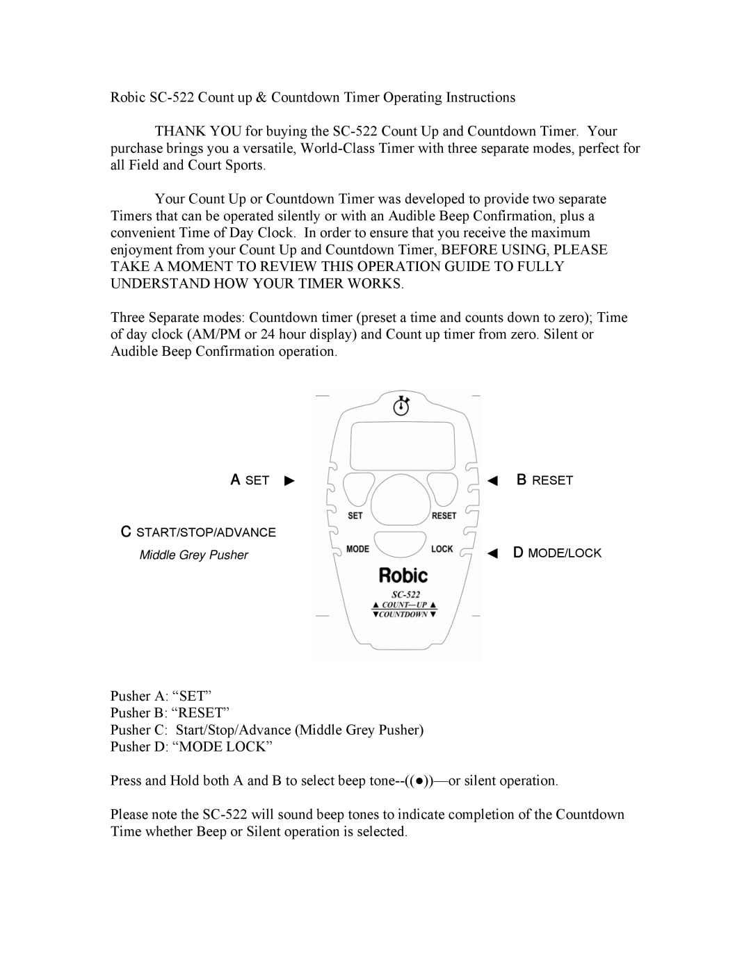 Robic SC-522 operating instructions Mode/Lock 