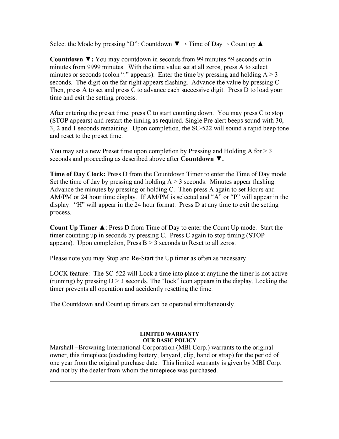 Robic SC-522 operating instructions Limited Warranty OUR Basic Policy 