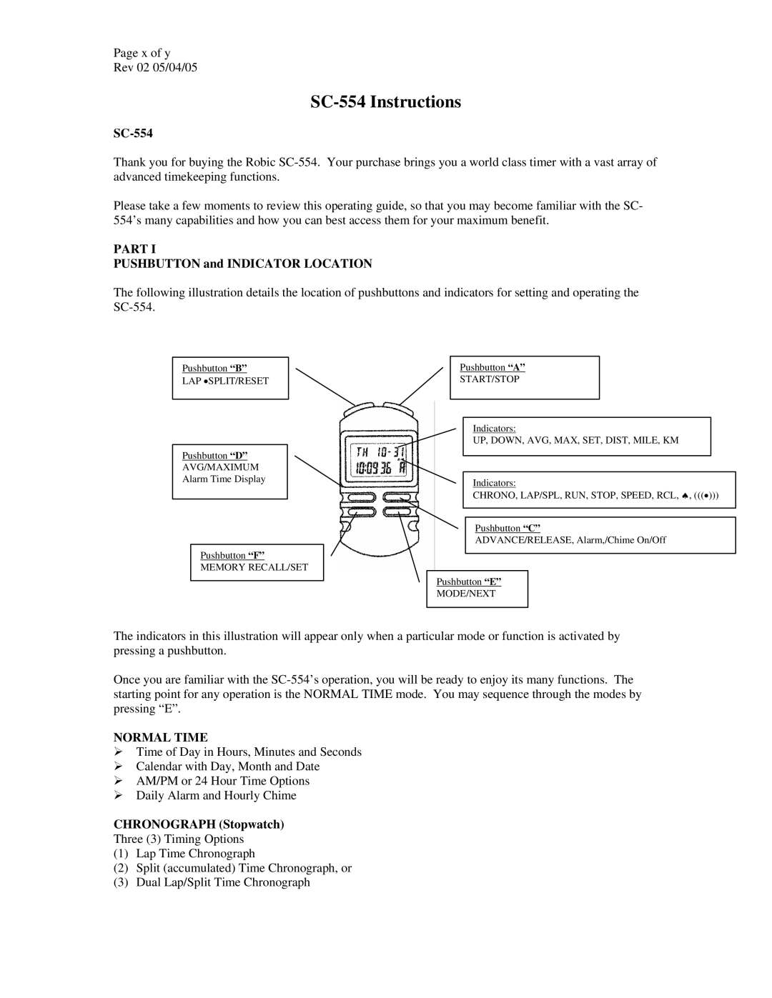 Robic SC-554 manual Part, Pushbutton and Indicator Location, Normal Time, Chronograph Stopwatch 