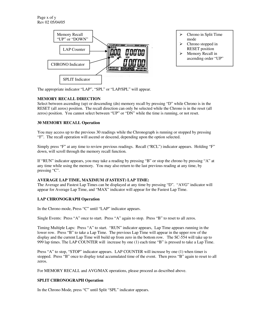 Robic SC-554 manual Memory Recall Direction, Memory Recall Operation, Average LAP TIME, Maximum Fastest LAP Time 