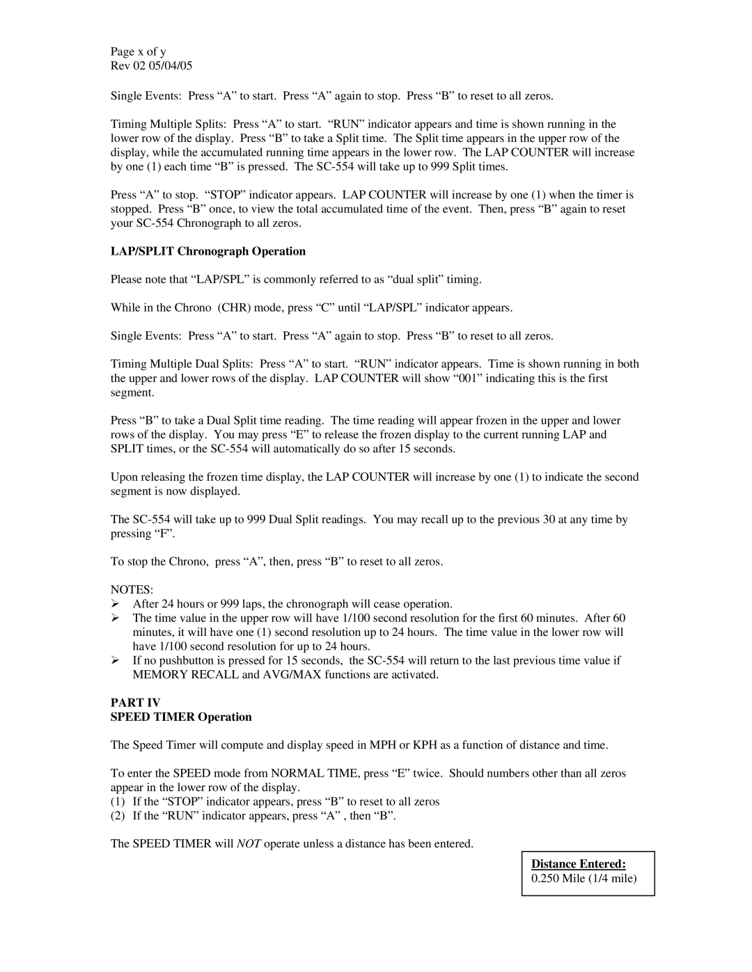 Robic SC-554 manual LAP/SPLIT Chronograph Operation, Speed Timer Operation, Distance Entered 