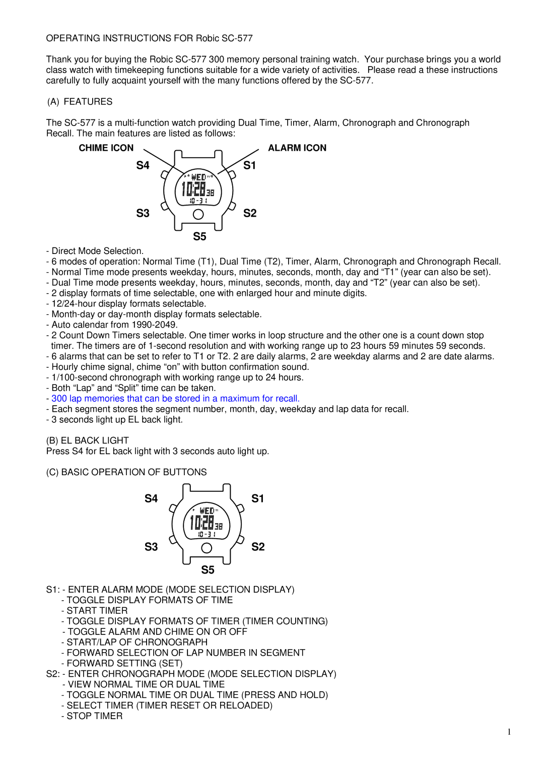 Robic SC-577 operating instructions Features, Chime Icon Alarm Icon, EL Back Light, Basic Operation of Buttons 