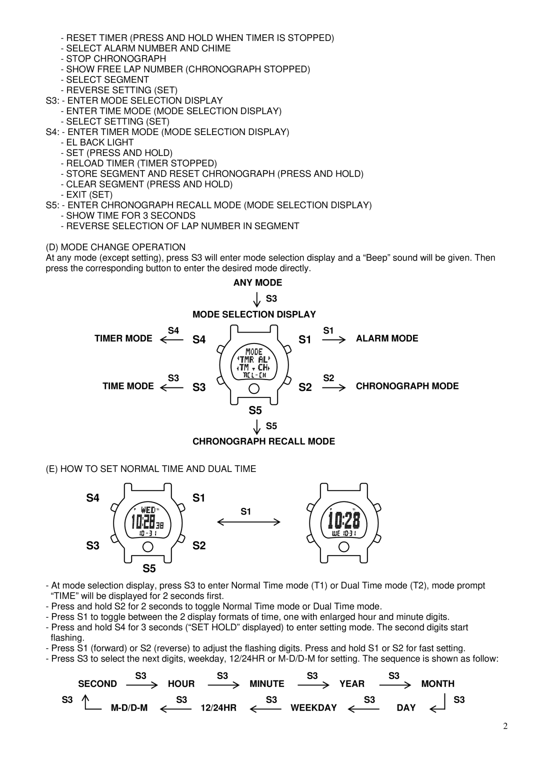 Robic SC-577 HOW to SET Normal Time and Dual Time, Hour Second Minute Year Month, D-M 12/24HR, Weekday DAY 