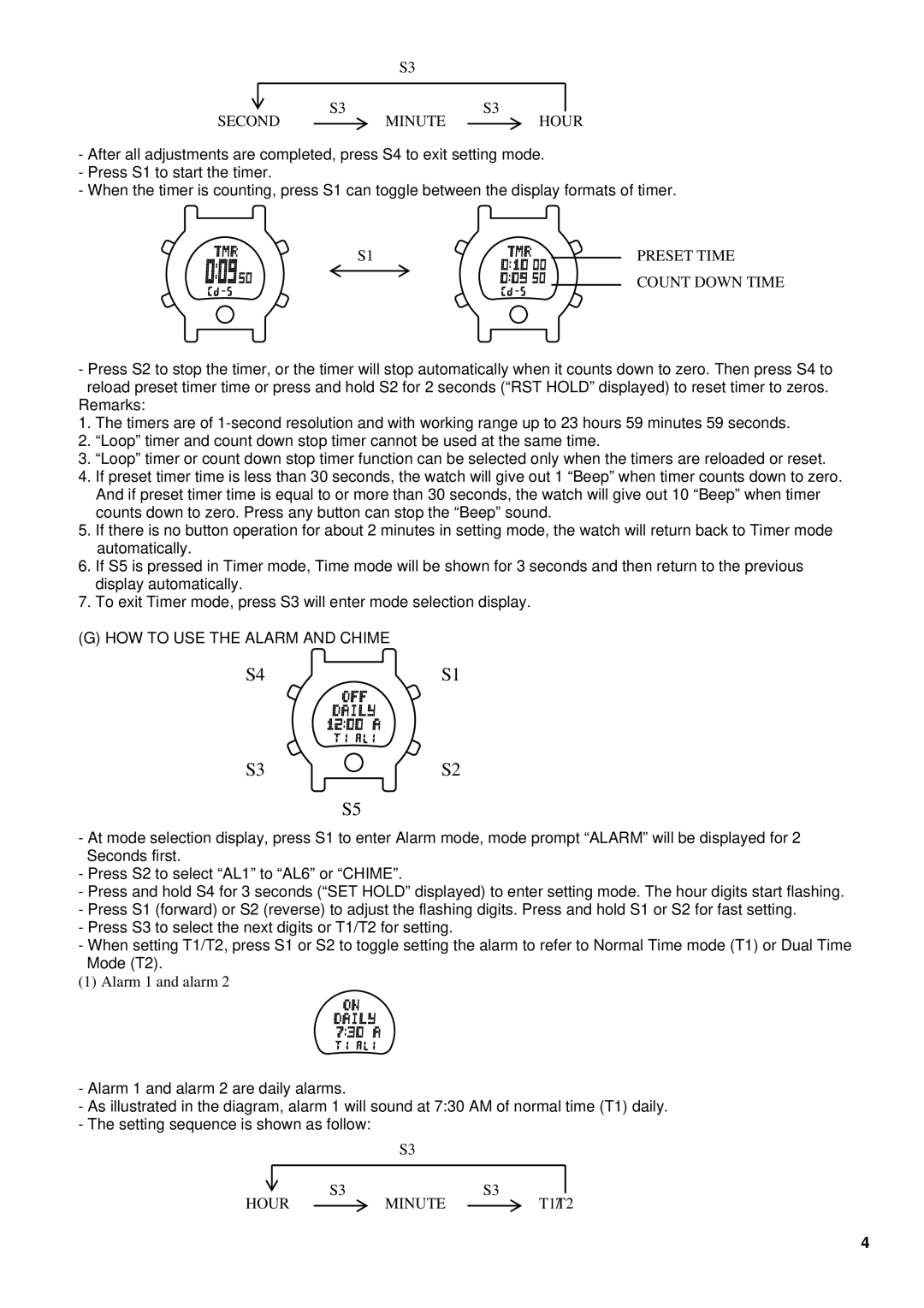 Robic SC-577 Minute Second Hour, HOW to USE the Alarm and Chime, Alarm 1 and alarm, Hour Minute, T1/T2 