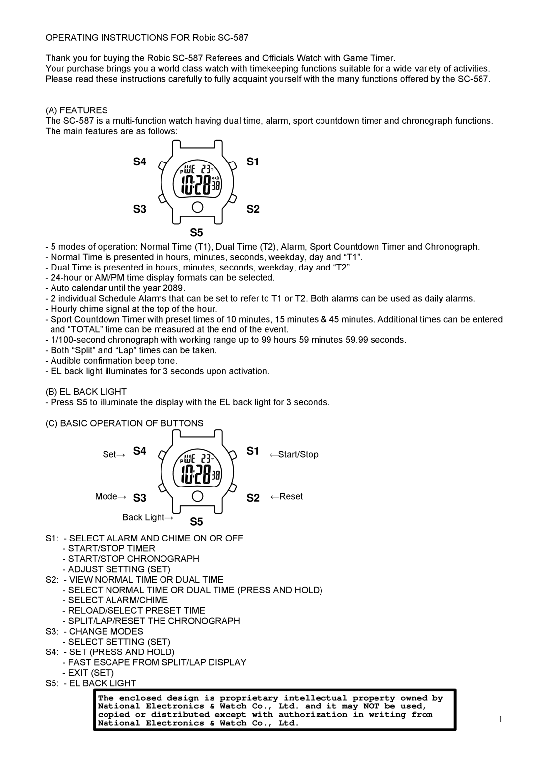 Robic SC-587 operating instructions S4S1 S3S2, Features, EL Back Light, Basic Operation of Buttons 